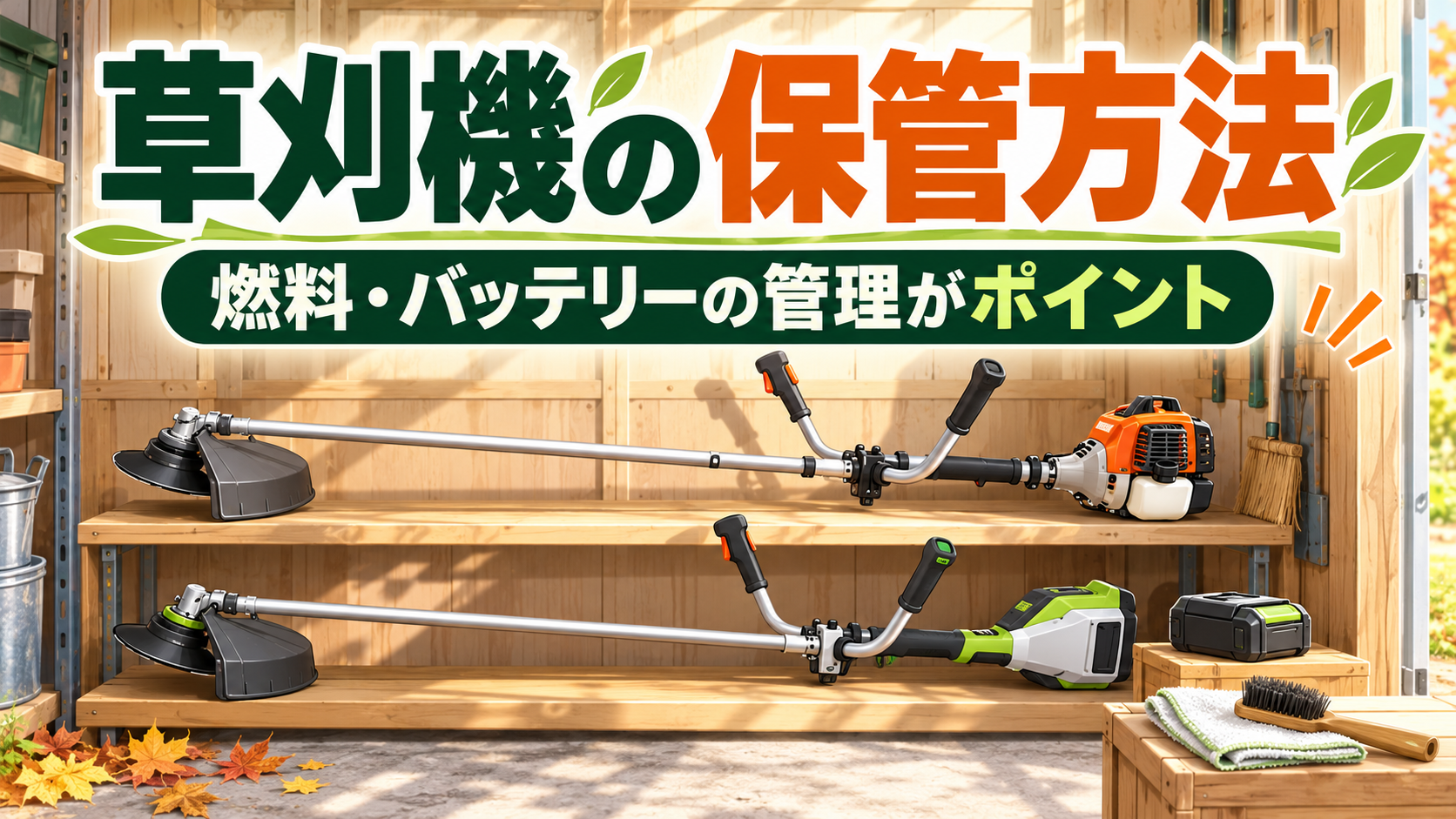 エンジン式と充電式の草刈機を棚に保管し、取り外したバッテリーを別に置いたイラスト